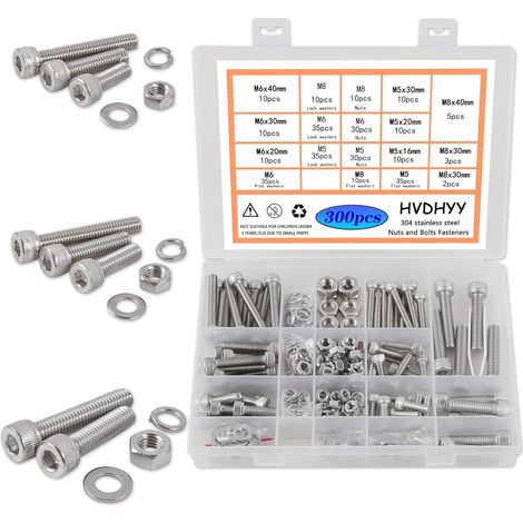 300pcs Vis,Écrous,Rondelles Acier Inoxydable M5 M6 M8 Tête Cylindrique Six Pans Kit Rangement Bricolage (1/5)