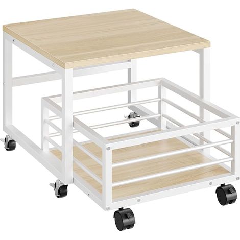 Mini Support de réfrigérateur avec panier mobile, Mini plateau de réfrigérateur avec roues et pieds réglables, Cadre en métal pour la maison, bureau, dorme, blanc et bois couleur OWN155TL01 (1/5)