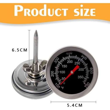 Thermomètre four Acier inox, double échelle 50-350°C – Longue sonde pour BBQ, fumoir et grill – Cadran 53mm (1/4)