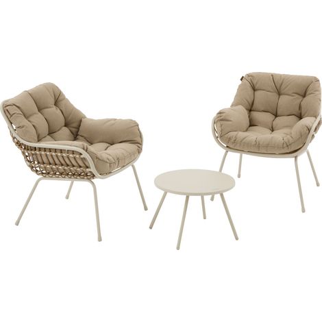 Hesperide – Salon de jardin Paopao 2 places argile – Structure en acier – Coussin épais – Table basse ronde ajustable – Pour espaces extérieurs