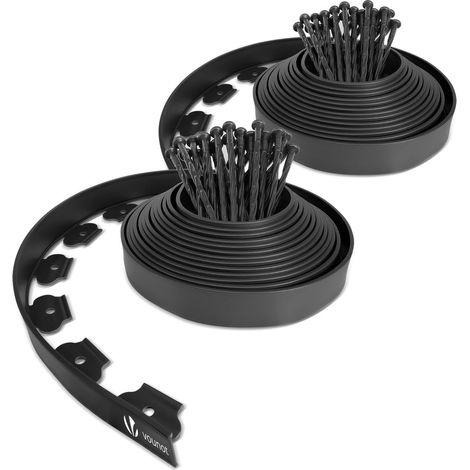 VOUNOT Plastic Garden Edging, Flexible Lawn Edging with 60 Pegs, Black 20m
