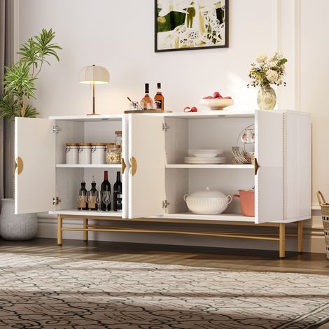 Buffet moderne 160x40x82cm - avec 4 portes  - pieds en métal - panneau de particules - Blanc