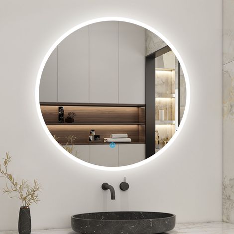 Miroir led rond 60 cm, anti buée miroir avec interrupteur tactile,lumière blanche, miroir de salle de bain