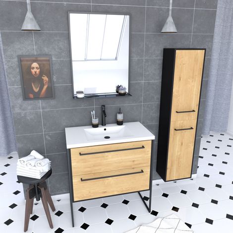 Mobile Bagno 80, Lavabo Bianco, Specchio e Colonna - Rovere e Nero - STRUCTURA