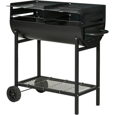 Barbecue au charbon de bois avec grille réglable en hauteur pour l'extérieur - Barbecue portable avec étagère de rangement et roulettes - 90 x 45 x 96 cm - Noir (1/5)