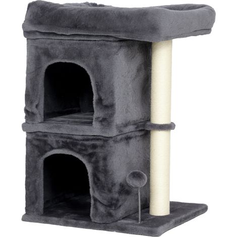 Arbre à chat tour de jeux compact 45 x 40 x 66 cm deux niches perchoir sécurisé moderne scandinave en peluche gris foncé (1/5)
