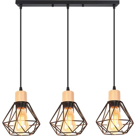 3 Lampes Suspension Métal Bois Design Cage Géométrique E27 Réglable 100cm Noir Pour Salon Cuisine Salle à Manger