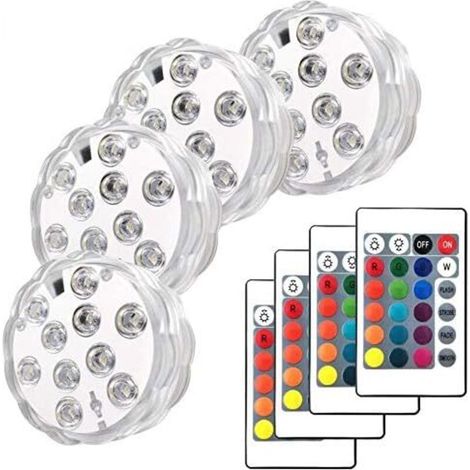 Lot de 4 lampes submersibles pour fontaine, spa, éclairage LED sans fil à infrarouge pour base de vase, fleurs, aquarium, piscine, étang, mariage, fête, baignoire