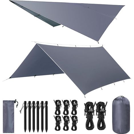 Bâche Anti-Pluie, 3x3M/3x5M Camping Bâche Rain Tarp, Toile de Tente Imperméable Anti-UV, Léger Portable, avec 9 ou 15 Oeillets + Clou en Aluminium + Corde à Vent, Randonnée, Hamac, Extérieur (1/5)