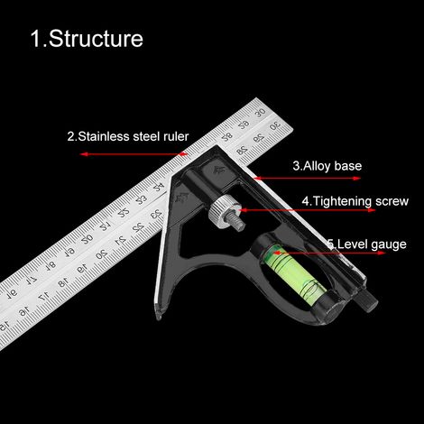 Règle d'angle réglable en métal de 300 mm (12 pouces), outil de mesure pour ingénieurs (1/5)