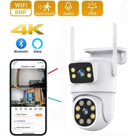 Camera Surveillance Wifi Exterieure Sans Fil Double Objectif 8MP, Détection Humaine AI, 12 LED IR & Lumière Blanche, ONVIF PTZ IP66