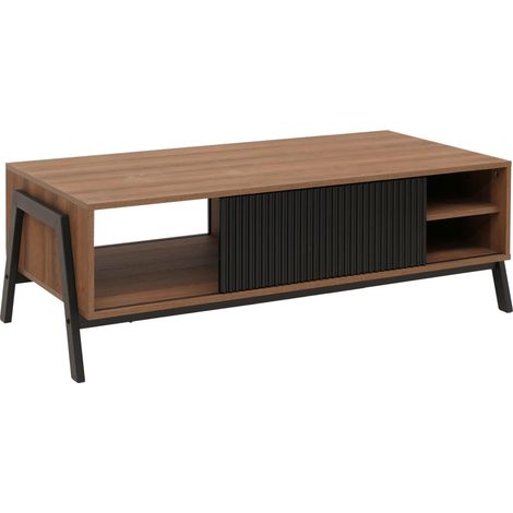 Table basse HWC-O40 table de salon table basse compartiments de rangement porte coulissante MDF métal mélamine 4