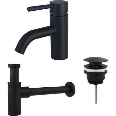 FugaFlow Eccelente Sobrado Kit mitigeur lavabo - robinet bas - bonde clic clac - siphon design - Noir mat (1/4)