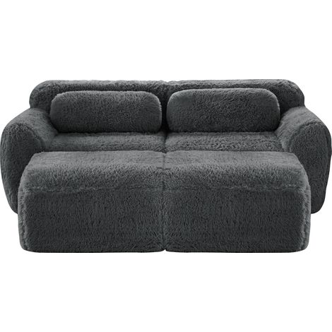 Divano Modulare 2 Posti in Tessuto Scamosciato con 2 Sgabelli, Base Antiscivolo, Senza Montaggio, Seduta Larga, Grigio (1/5)