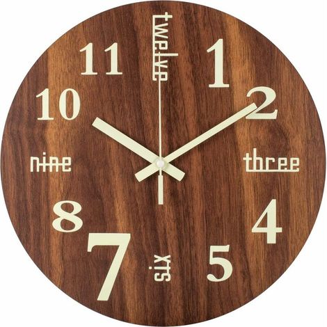 Wanduhr, 30 cm, Nachtlicht mit Retro-Schriftzug und -Zahlen, geräuschlos, batteriebetrieben, analog, Holz (1/5)
