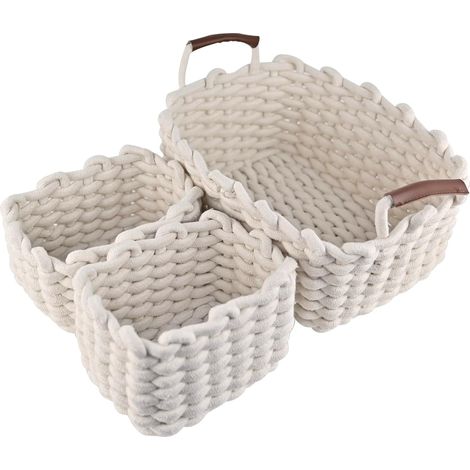 Panier de Rangement, Lot de 3 Boîte de Rangement Tissu,Blanc Rangement panier, Empilable Petit Panier Rangement en Corde de Coton pour Bureau, Salle de Bain, Decoration Chambre Bébé