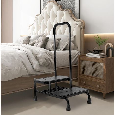 Escabeau Marchepied pour Lits Superposés Adultes - 2 Tabourets Réglables avec Main Courante, Plateforme Antidérapante, Usage Cuisine/Voiture/Caravane/Baignoire/Lit(Noir) (1/5)
