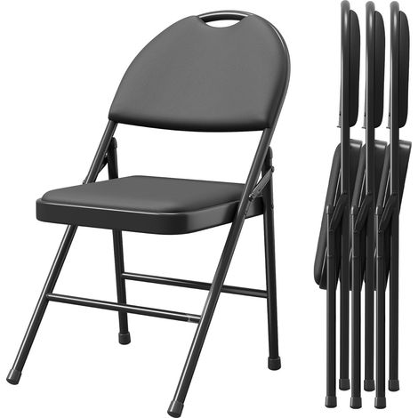 Lot de 4 Chaises Pliantes Ergonomiques - Similicuir PU et Métal, Gain de Place, Noir (1/5)