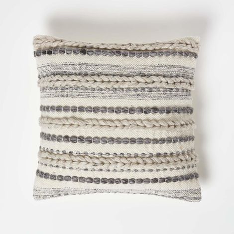 HOMESCAPES Fyn Handwoven Braided Beige & Grey Kilim Cushion 45 x 45 cm