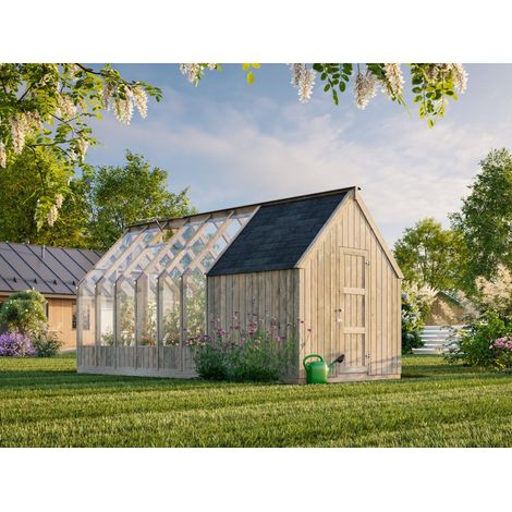 Abri de jardin en bois Emilia 8,2 m² – Structure en épicéa traité autoclave gris – Grandes surfaces vitrées pour luminosité maximale – Palmako