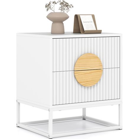 Comodino scanalato, comodino con 2 cassetti, maniglie in legno di pino e struttura in metallo, tavolino 48 x 40 x 55 cm, Bianco (1/5)