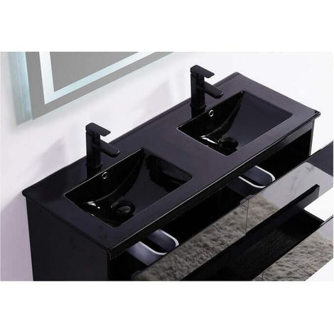 Lavabo encastrable double vasque céramique noir brillant 120x46cm Dark (1/3)