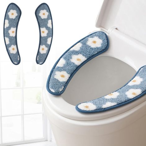 Housse de siège de toilette épaisse et chaude - Coussin lavable et avec adhésif TPR et motif floral pour plus de confort et d'isolation (bleu) (1/5)