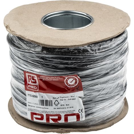 Rs Pro – Câble d'alimentation 2x0,75 mm² – Gaine PVC noir – Longueur 100m – Courant 6A – Tension 300V/500V – Type 3182Y