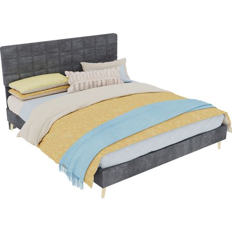 Lit double moderne gris foncé en tissu, tête de lit matelassée à carreaux, style petit luxe, chambre principale ou secondaire, 160x200 cm (1/4)