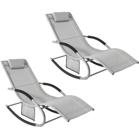 SoBuy Set di 2 sedie a dondolo da esterno Poltrone sedie sdraio da giardino con cuscino e poggiatesta portata fino a 150 kg Grigio 150x63x87 cm OGS28-HGX2