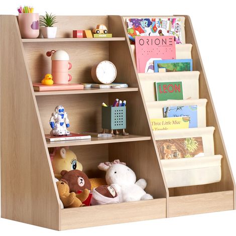 Bibliothèque en bois pour enfants, 4 niveaux, avec 6 poches en tissu, rangement de livres et jouets, idéale pour chambre, salle de jeux et crèche. (1/5)