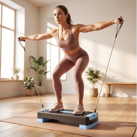 Stepper aerobico regolabile in altezza 11/16 cm con 2 bande di resistenza 85 cm, ABS blu DESVIAE (1/5)