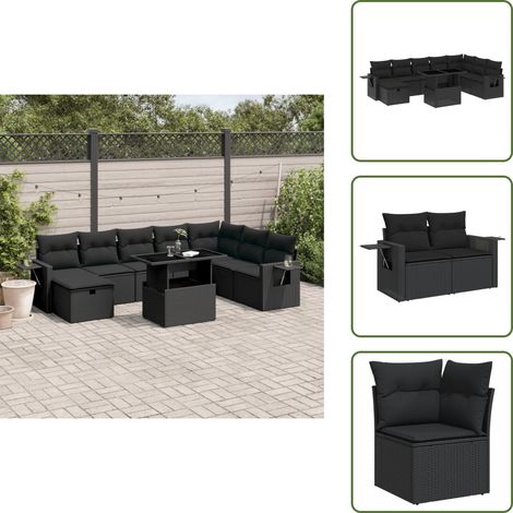 The Living Store Salon de jardin 9 pcs avec coussins noir résine tressée - Ensemble Salon De Jardin - Mobilier De Jardin - Table Extensible - Chaise Pliante - Fauteuil Lounge (1/5)