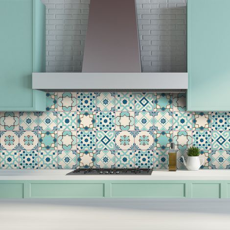 Sticker Mural Carrelage adhésif Cuisine Salle de Bain - 9 STICKERS CARREAUX DE CIMENT AZULEJOS LERIA - 9stickers15x15cm (1/5)