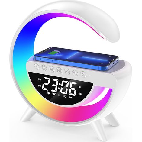 Lampe de bureau LED multifonctionnelle avec chargement sans fil – Haut-parleur Bluetooth et réveil, veilleuse pour chambre, décoration intérieure, couleur blanche (1/5)