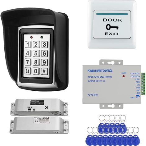 Kit de contrôle d'accès extérieur – verrou pêne dormant lourd  Clavier métallique avec cache-pluie, alimentation DC12V, bouton de sortie, 15 badges ID pour maison, usine, bureau (1/5)
