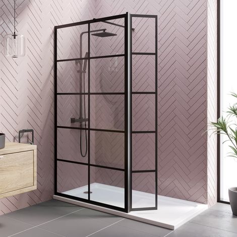 Aquari Grid Wet Room Screen Walk In Enclosure Matt Black 1000mm with 300mm Hinged Return Panel 8mm Toughened Safety Glass (1/5)