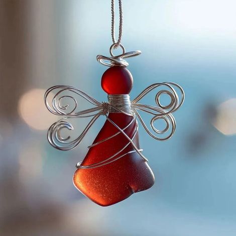 Angel Wing - Sea Glass Ornament - Handmade Wire Wrapped Pendant - Holiday Decor - Natural Style - 1 Piece (1/5)