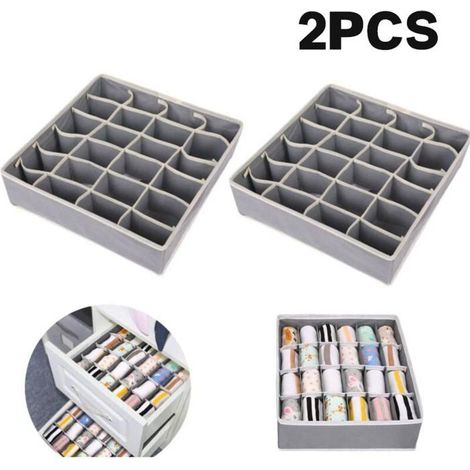 Lot de 2 boîtes de rangement , séparateurs de tiroirs pliables à 24 cellules pour le rangement de chaussettes, écharpes, gris (1/5)