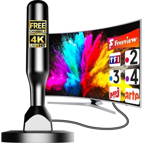 Antenne TV Intérieur Puissante , Antenne TNT Intérieur Amplifiée 360° pour Smart TV, Amplificateur Signal , Chaînes 4K 1080P HD, Base Magnétique, Câble 3M (1/5)