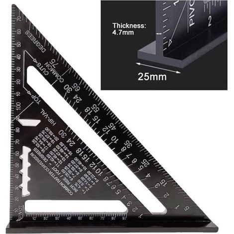 Squadra da falegname professionale BCC da 17 cm con goniometro, in lega di alluminio, righello angolare per la lavorazione del legno, righello triangolare con goniometro, strumento di misurazione, col (1/4)