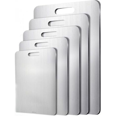 QORVA-5 Pièces Set de Planches à Découper Acier Inoxydable 316 – Planche Inox Cuisine Antibactérienne, Planche à Découper Titane Double Face, Sans BPA, Idéal Viande, Fruits, Légumes, Pain