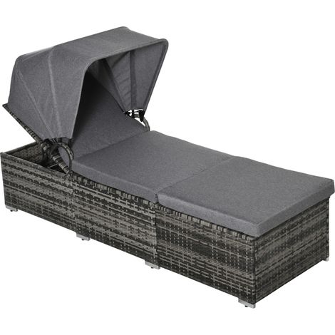 Transat de jardin en polyrotin gris, réglable avec pare-soleil et coussin, 195x65x40 cm (1/5)