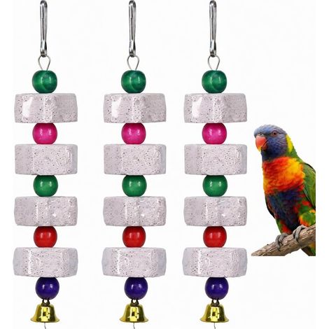 Lot de 3 Jouet à Mâcher Pierre Minérale Avec Clochette Pour Perroquets Cacatoès Perruches Cage