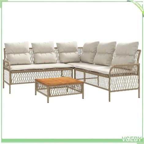 Salon de jardin (canapé en L) - FAFEICY - 368735 - Résine tressée beige - Cadre acier enduit - Coussins déhoussables (1/5)