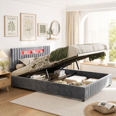 Lit coffre double 140x200 cm, rangement hydraulique, tête de lit rembourrée velours gris avec LED et USB, cadre métal, sommier à lattes, design moderne (1/5)