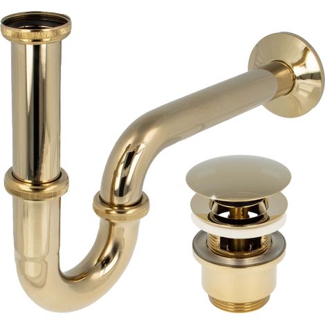 tecuro Siphon extra lang mit Pop Up Ablaufventil vergoldet - Universal Set für Waschtisch / Waschbecken (1/5)