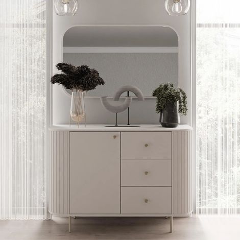 AX LIVING Kommode Halay Beige, 1 Tür & 3 Schubladen Moderne Rillenstruktur 123 cm