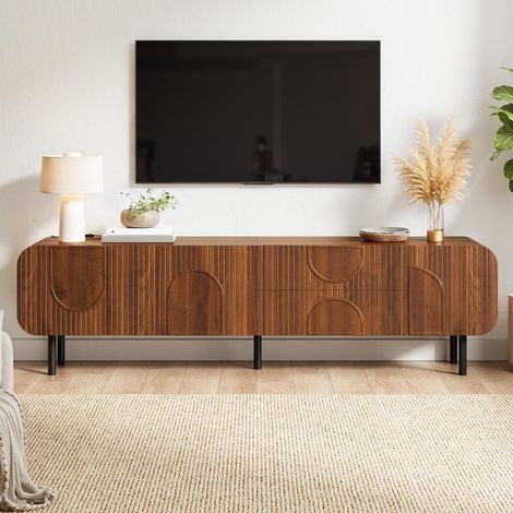 Mobile tv 180 x 40 x 47.5 cm per soggiorno con 3 ante e 2 cassetti in legno mdf stile mid-century e gambe in metallo - noce (1/5)