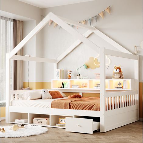 Letto a casetta 140x200 cm in legno bianco con contenitori LED, senza materasso – MEUBLIV (1/5)